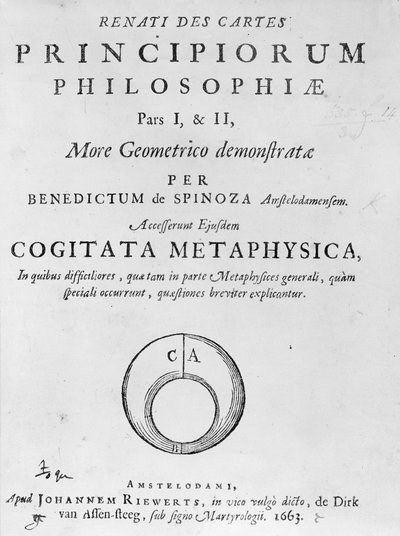 Titelsida till René Descartes filosofiska principer av Baruch Spinoza, publicerad 1663 av Dutch School