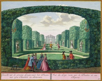 Utsikt från den gröna loggian till teatern, från Het Zeganplant Kennemerlant, av Hendrick de Leth och Matthias Brouerius Van Nidek, publicerad ca 1700-1730 av Dutch School