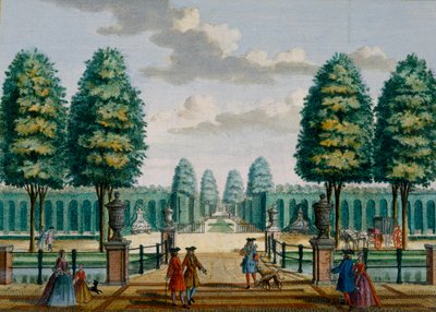 Utsikt från huset mot den främre porten, Meerestein, från Her Zeganpralent Kennemerland av Hendrik de Leth och Matthias Brouerius Van Nidek, publicerad ca 1700-1730 av Dutch School