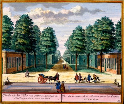 Utsikt över husets baksida mellan stallet, från Her Zeganpralent Kennemerland av Hendrik de Leth och Matthias Brouerius Van Nidek, publicerad c.1700-30 av Dutch School