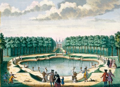 Utsikt över dammen mot baksidan av huset, Beckenstein, från Her Zeganpralent Kennemerland av Hendrik de Leth och Matthias Brouerius Van Nidek, publicerad ca 1700-1730 av Dutch School