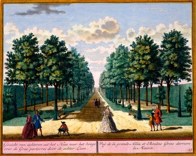 Utsikt över gångvägen på baksidan av huset, från Get Zeganpralent Kennemerland av Hendrik de Leth och Matthias Brouerius Van Nidek, publicerad c.1700-30 av Dutch School