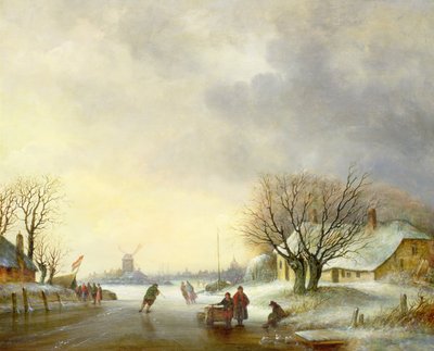 Vinterscen med en väderkvarn av Dutch School