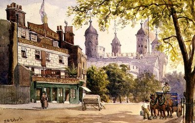 The Old George och Tower of London (akvarell) av E.A. Roberts
