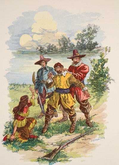 Han greps av baksidan av kragen, illustration från "Pocahontas: A Princess of the Woods" av Edward S. Ellis, pub. McLoughlin Brothers, New York, ca 1912 av E.B. Comstock