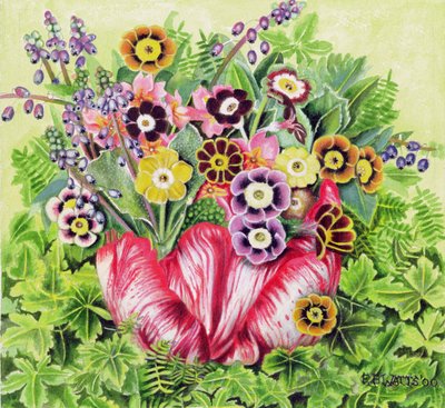Auriculas, 2000 (akryl på duk) av E.B. Watts