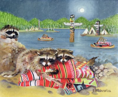Racoons, 2000 (akryl på duk) av E.B. Watts
