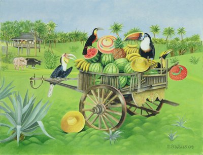 Tukaner och vattenmeloner i gammal thailändsk vagn, 2004 (olja på duk) av E.B. Watts