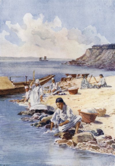 Koreanska kvinnor som tvättar kläder i en flod (färg litho) av E.H. Fitchew