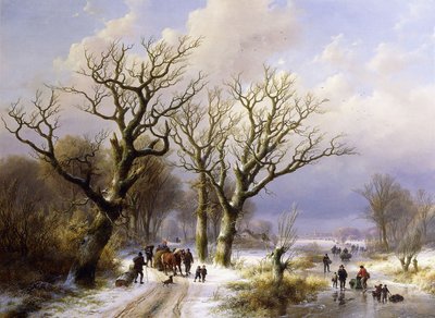 Ett trädbevuxet vinterlandskap med figurer, 1863 av E.J. Verboeckhoven