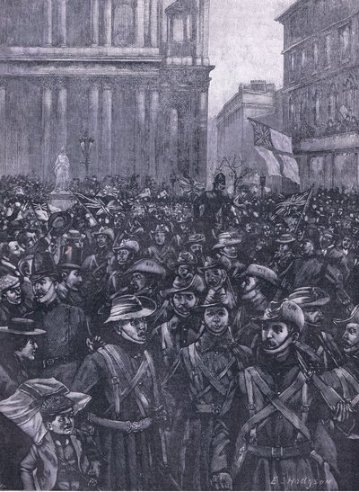 CIV:arna som marscherar nerför Ludgate Hill, på väg till Mansion House till Waterloo Station, illustration från Cassells History of England, 1900-talet av E.S. Hodgson