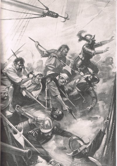Engelsmännen mot spanjorerna vid San Juan de Ulua, illustration från "British Battles on Land and Sea", utgiven av Cassell, London, omkring 1915. av E.S. Hodgson