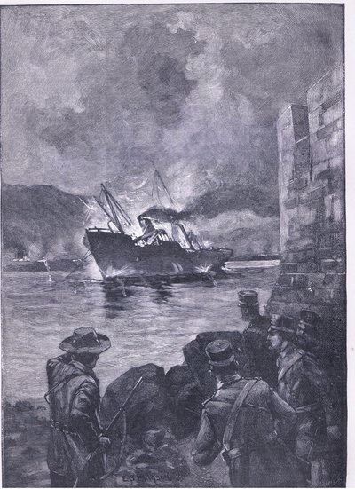 The Spanish American War: The sinking of the Merrimac, illustration från Cassells History of England, 1900-talet av E.S. Hodgson