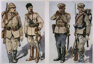 Turkisk infanterist och officer (vänster) och bulgarisk infanteriofficer och fotsoldat från 1917 (höger) av 1917 (färg litho) av E. (after) Dobrich
