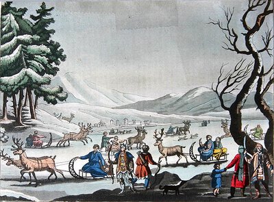 Tungus som lämnar sitt vinterläger på slädar dragna av renar, ca 1820 (färgstick) av E. (after) Karnejeff