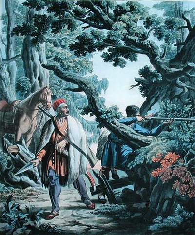 tjetjener, graverad av V. Melnikov (färg litho) av E. (after) Korneyev
