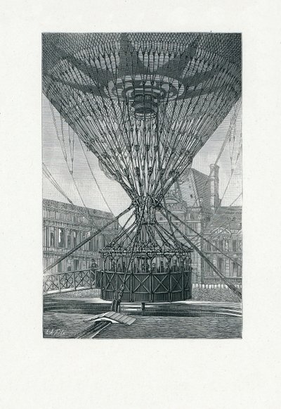 Panoramautsiktsplattform med en varmluftsballong, pub. ca 1880 (sv/v gravering) av E. A. Tilly
