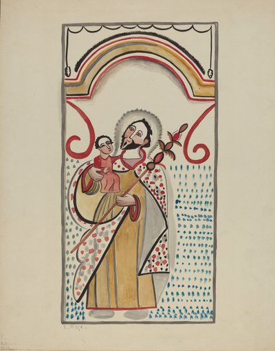 Detalj från stort altare på östmuren av Sanctuario-kyrkan i Chimayo. St Christopher av E. Boyd