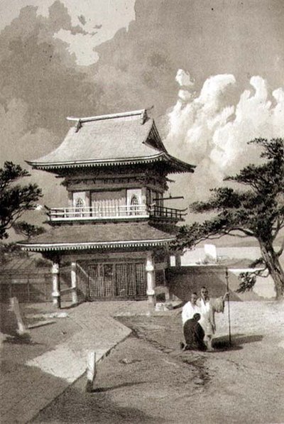 Ingång till ett tempel i Hakotadi, pub. av Sarony & Co., ca 1856 (litho) av E. Brown