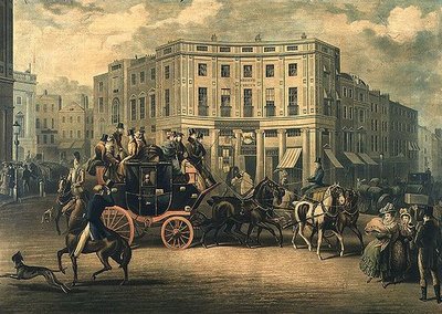 "The Age" Brighton Coach vid Bull and Mouth, Regent Circus (gravyr) av E. F. Lambert