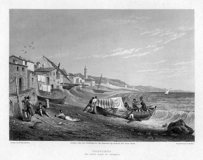 Cogoleto, födelseplatsen för Columbus, Italien, 1828. av E. Finden