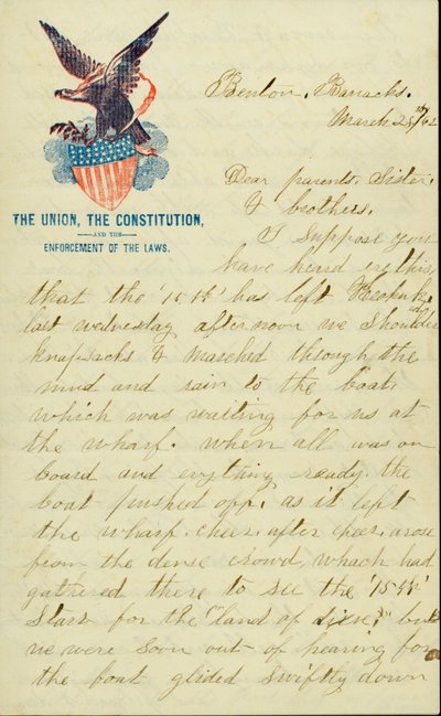 Letter signed E.G. Black, Benton Barracks, Mo., to his parents, sister, and brothers, March 28, 1862 av E. G. Black