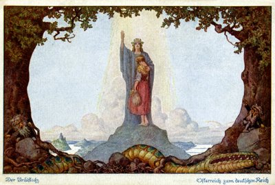 Historia. Österrikes och Tysklands förbund. Allegori av E. Kutzer, Österrike, ca 1920 (vykort) av E. Kutzer