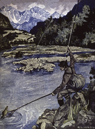Fiske i en flod, ca 1900 (illustration) av E. L. Hoess