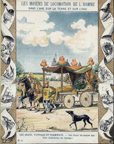 Tankar under medeltiden - A Chatelaine en voyage - illustration av E Letellier - Skyddar historisk anteckningsbok, sent 1800-tal av E. Letellier