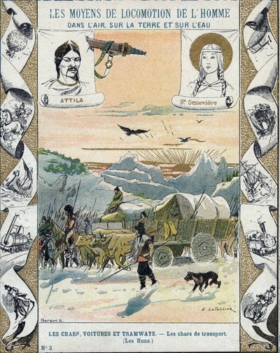Transportstridsvagnar - Hunnerna från Attila (ca 395-453) - Barbarians invasioner - illustration av E Letellier - Skyddar historisk anteckningsbok, sent 1800-tal - av E. Letellier