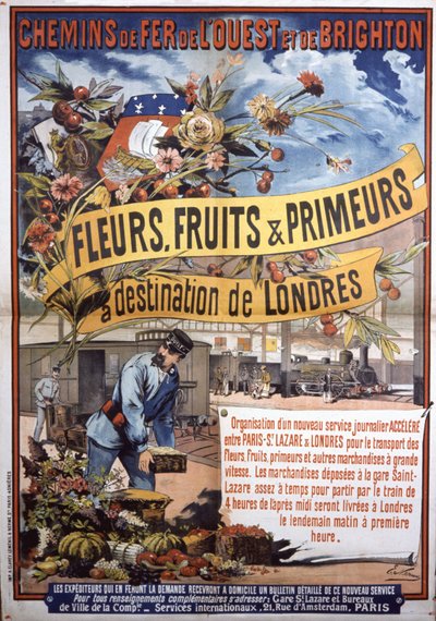 Transport med tåg från Paris till London, slutet av 1800-talet (affisch) av E. Nerme