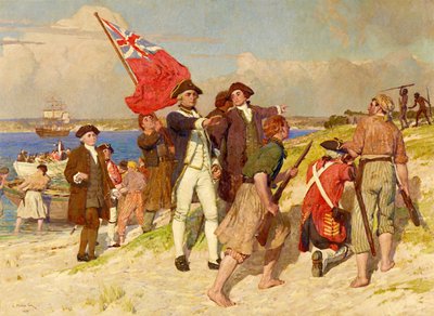 Löjtnant James Cooks landstigning vid Botany Bay den 29 april 1770 (målning av E Phillips Fox) av E. Phillips Fox
