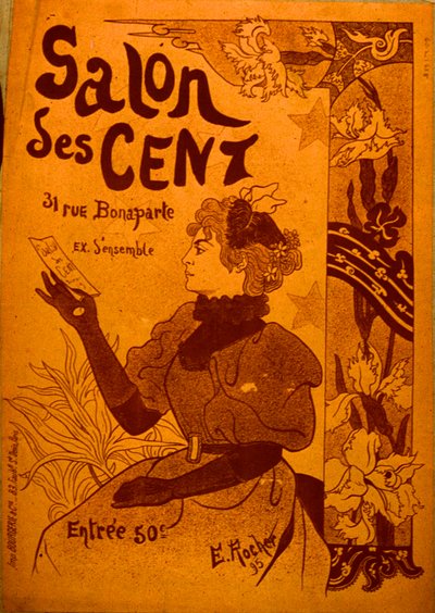 En kvinna som granskar en inbjudan, Salon des Cent av E. Rocher