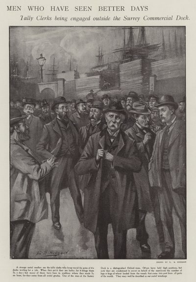 Män som har sett bättre dagar: räkningstjänstemän som förlovas utanför Surrey Commercial Dock, London (litho) av E. S. (after) Hodgson