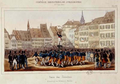 La danse des tonneliers under industrikortegen i Strasbourg den 25/06/1840. Litografi av Simon av E. Simon