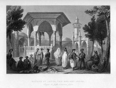 Basaren i Jaffa, den antika Joppa, Palestina, Israel, 1841. av E. Smith