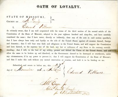 Loyalty oath of Edward Villmer of Missouri, County of St. Louis av E. Villmer