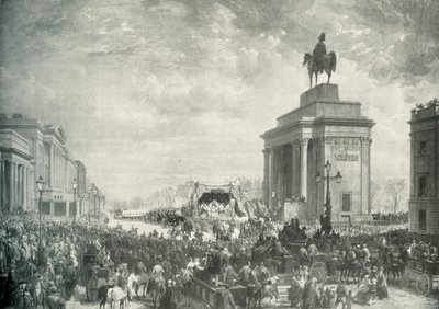 Begravningen av hertigen av Wellington Passing Apsley House, 18 november 1852, c1897 av E. and S. Woodbury