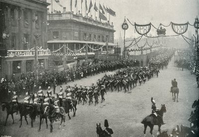 Naval Contingent korsar London Bridge in i Southwark, London, 1897. av E. and S. Woodbury