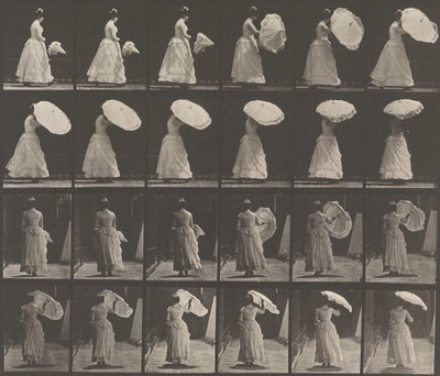 [Kvinna som öppnar parasoll], 1883-86, tryckt 1887. av Eadweard Muybridge
