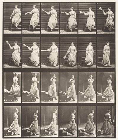 Tavla 140. Nedförstående trappa ser sig omkring och viftande fläkt av Eadweard Muybridge