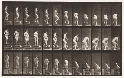 Tavla 149. Nedgångstrappa; Böjer sig för att lyfta en kanna, 1872-1885 av Eadweard Muybridge