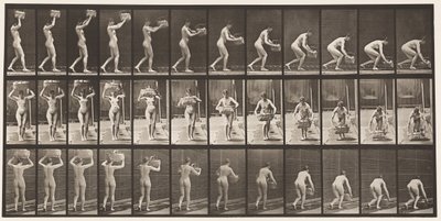 Plåt 201. Tar 12-lbs korg från huvudet, lägger den på marken, 1872-1885 av Eadweard Muybridge