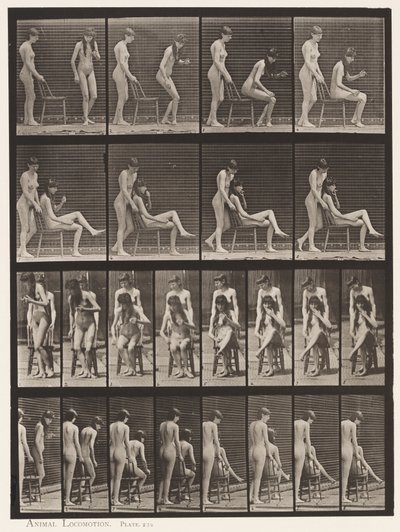 Skylt 239. Två modeller; Den ena stående, den andra sitter, korsar benen av Eadweard Muybridge