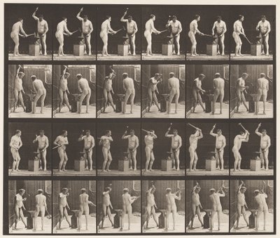 Skylt 377. Smed, två modeller, hamra på Advil, 1872-1885 av Eadweard Muybridge