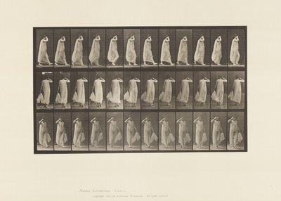 Skylt 37. Gå, klänning med vänster hand, höger hand vid ansiktet, 1872-1885 av Eadweard Muybridge