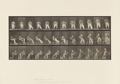 Tallrik 420.Toalett; Reser sig från stolen och tar på sig kläder, 1885 av Eadweard Muybridge