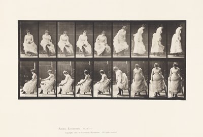 Tallrik 422.Toalett; Tar på sig skor och reser sig från stolen, 1885 av Eadweard Muybridge