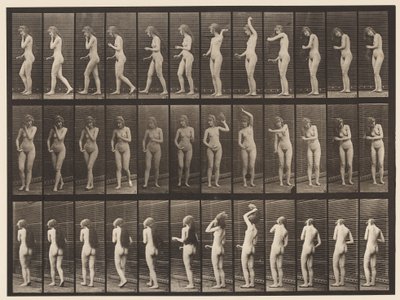 Tallrik 426. Toalett; Borsta hennes hår och gå iväg, 1872-1885 av Eadweard Muybridge