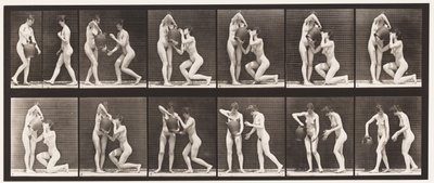 Tallrik 452. Två modeller, 8 knä, drycker från vattenburk i händerna, 1872-1885 av Eadweard Muybridge